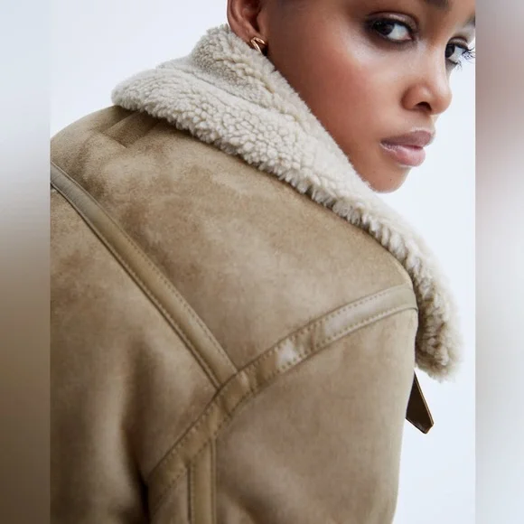 Zara Tan Teddy Jacket with Shearling Collar - Picture 5 of 12